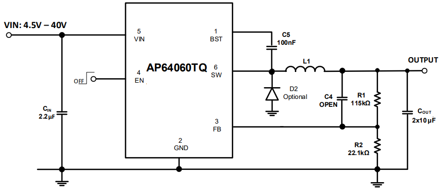 Application Circuit Diagram - Diodes Incorporated AP64060TQ Synchronous Buck Converter